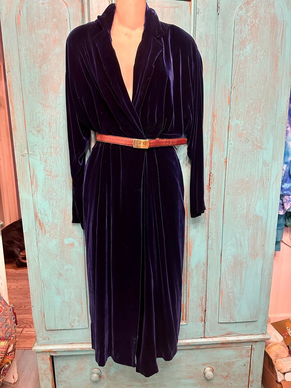 VINTAGE 80's RALPH LAUREN NAVY VELVET WRAP MIDI DRESS